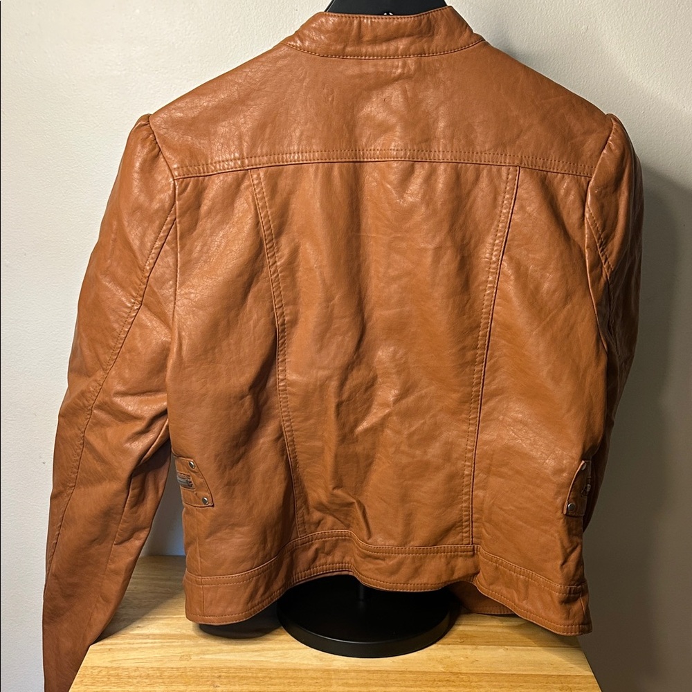 Arden B Tan Leather like Bomber Jacket - Picture 4 of 6